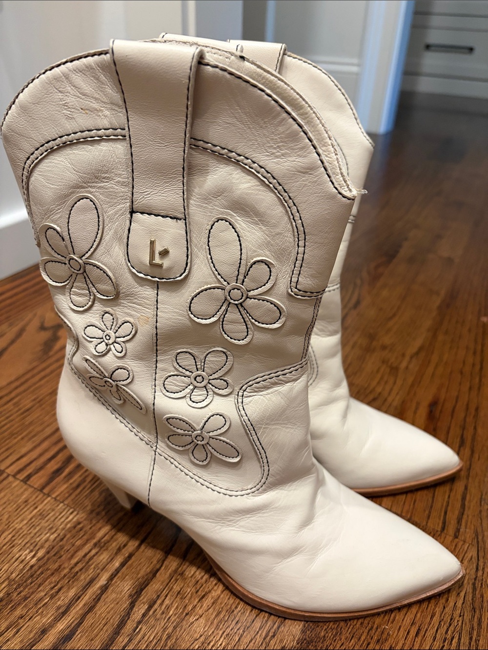 Larroude Cream Floral Applique Heeled Western Boots